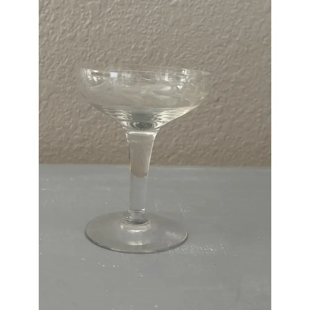 Vintage manganese glass Etched Floral Champagne Coupe Sherbet Glows UV 4.5”